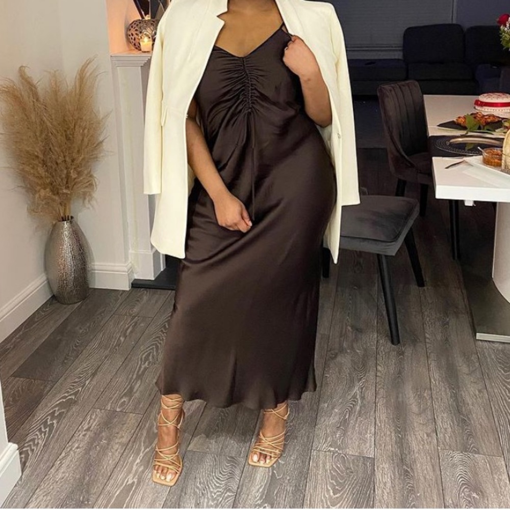 SOLD ZARA BROWN GATHERED SLIP DRESS